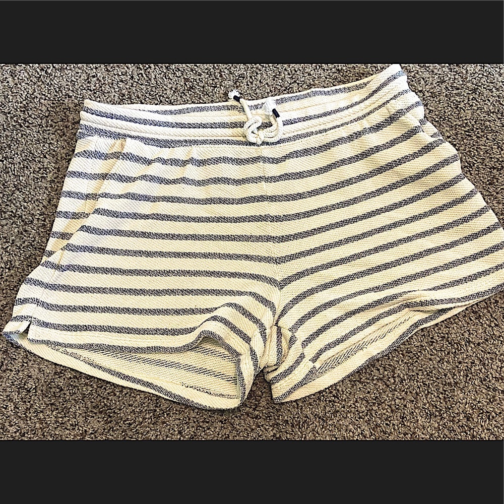 Navy blue and white striped tie shorts